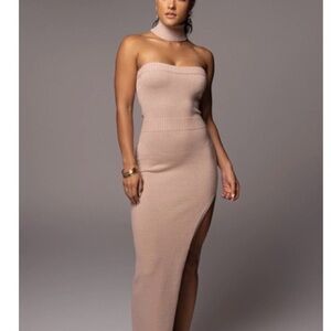 JLUXLABEL Strapless High-Slit Knit Maxi Dress in Nude